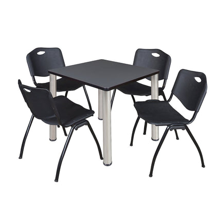 30 in Square Breakroom Table- Grey Top, Chrome Legs, 4 M Stack Chairs- Black