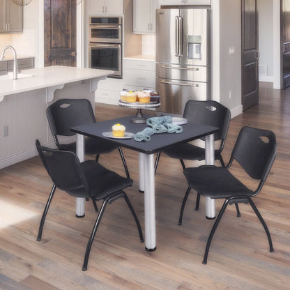 30 in Square Breakroom Table- Grey Top, Chrome Legs, 4 M Stack Chairs- Black