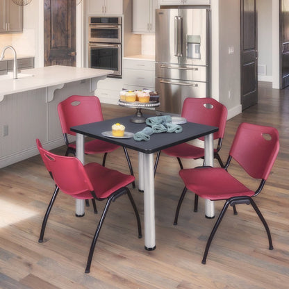 30 in Square Breakroom Table- Grey Top, Chrome Legs, 4 M Stack Chairs- Burgundy