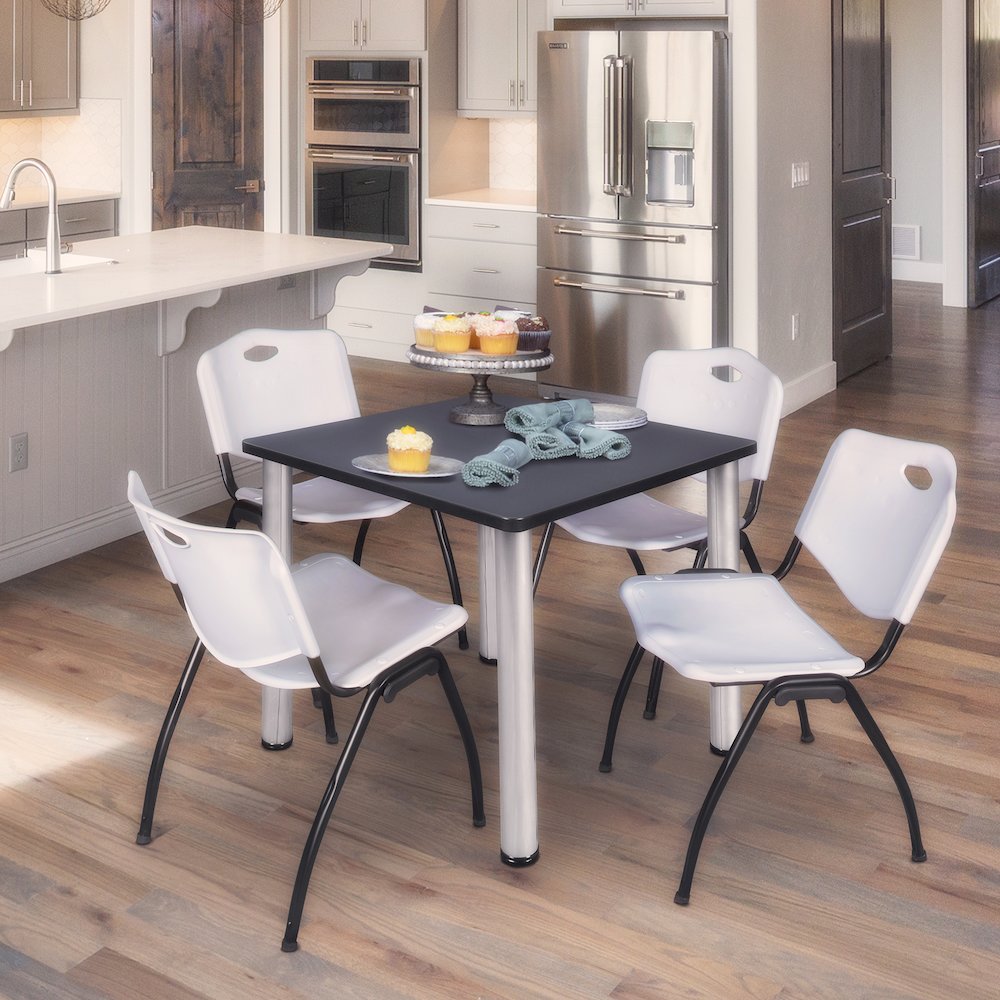 30 in Square Breakroom Table- Grey Top, Chrome Legs, 4 M Stack Chairs- Grey