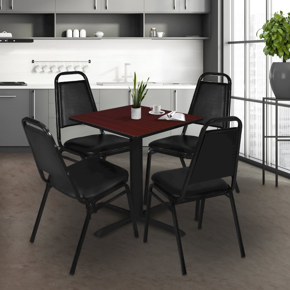 30 Square X-Base Breakroom Table- Mahogany & 4 Restaurant Stack Chairs- Black
