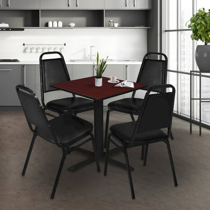 30 Square X-Base Breakroom Table- Mahogany & 4 Restaurant Stack Chairs- Black