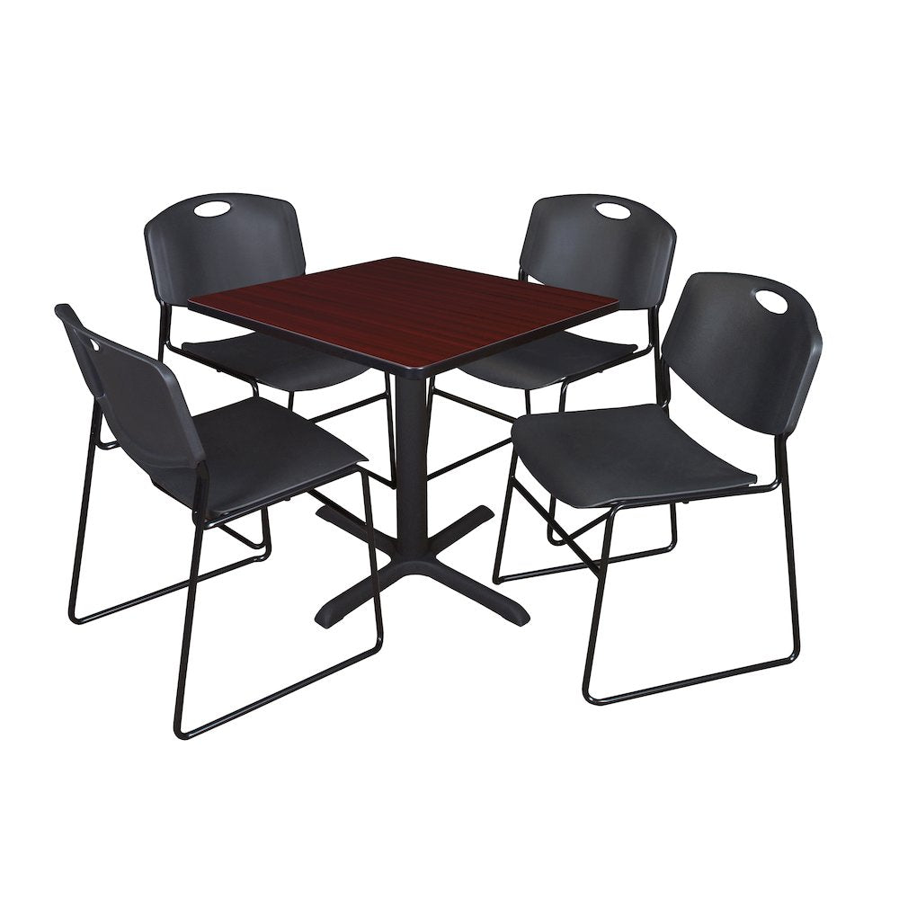 Small 30 Square X-Base Breakroom Table- Mahogany & 4 Zeng Stack Chairs- Black