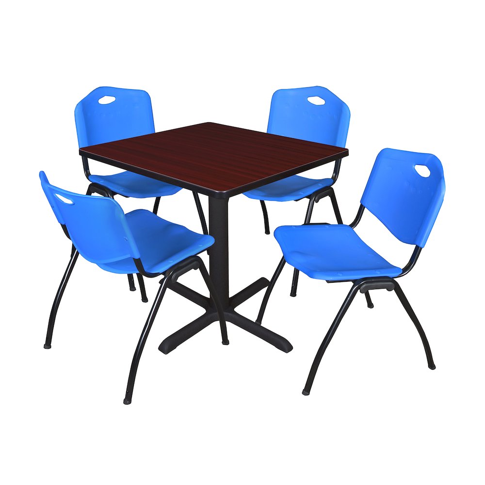 Small 30 in. Square X-Base Breakroom Table- Mahogany & 4 M Stack Chairs- Blue