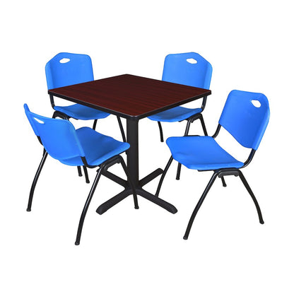 Small 30 in. Square X-Base Breakroom Table- Mahogany & 4 M Stack Chairs- Blue