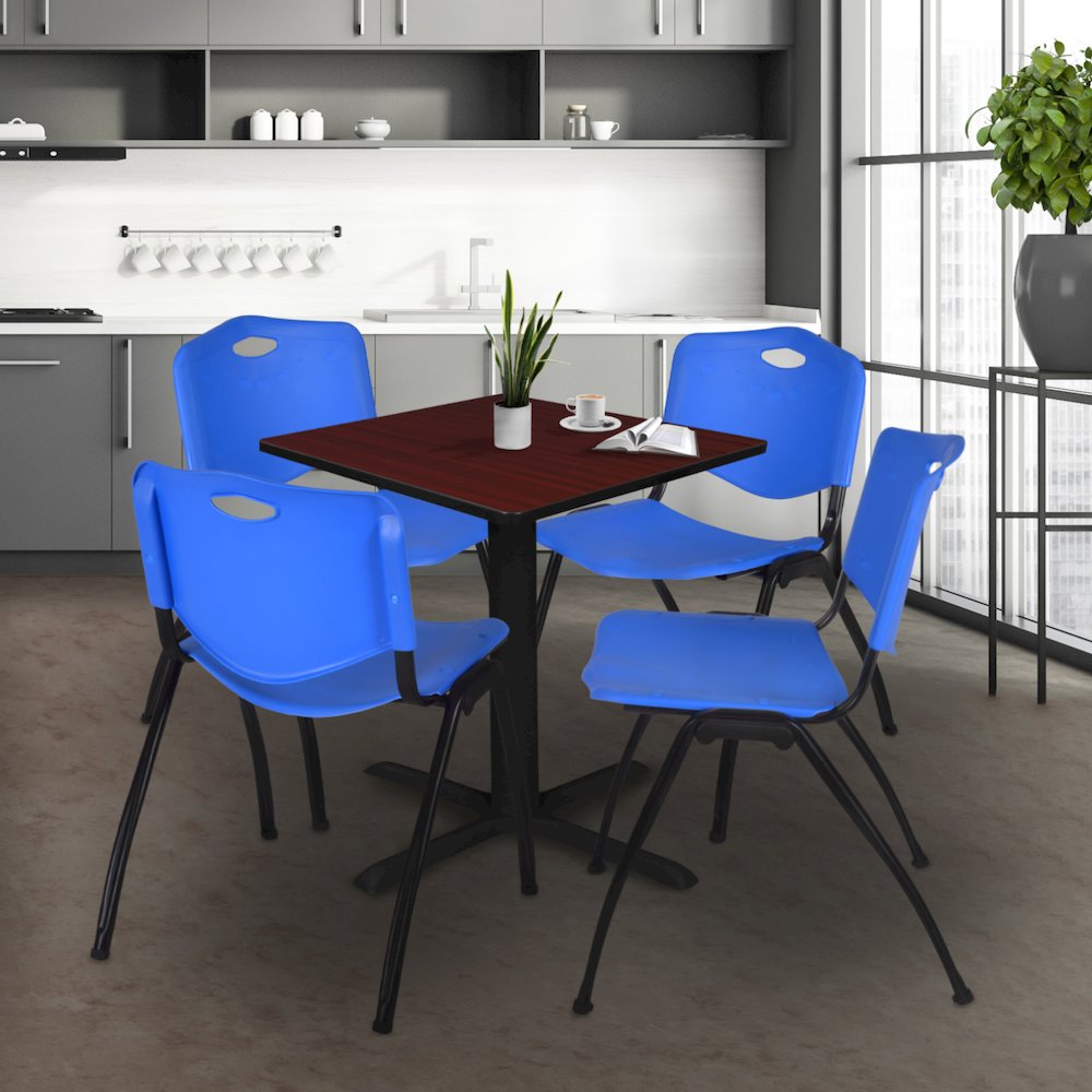 Small 30 in. Square X-Base Breakroom Table- Mahogany & 4 M Stack Chairs- Blue