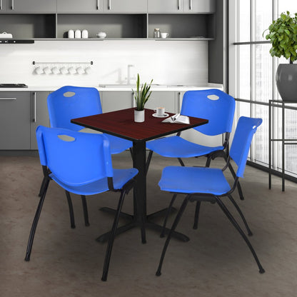 Small 30 in. Square X-Base Breakroom Table- Mahogany & 4 M Stack Chairs- Blue