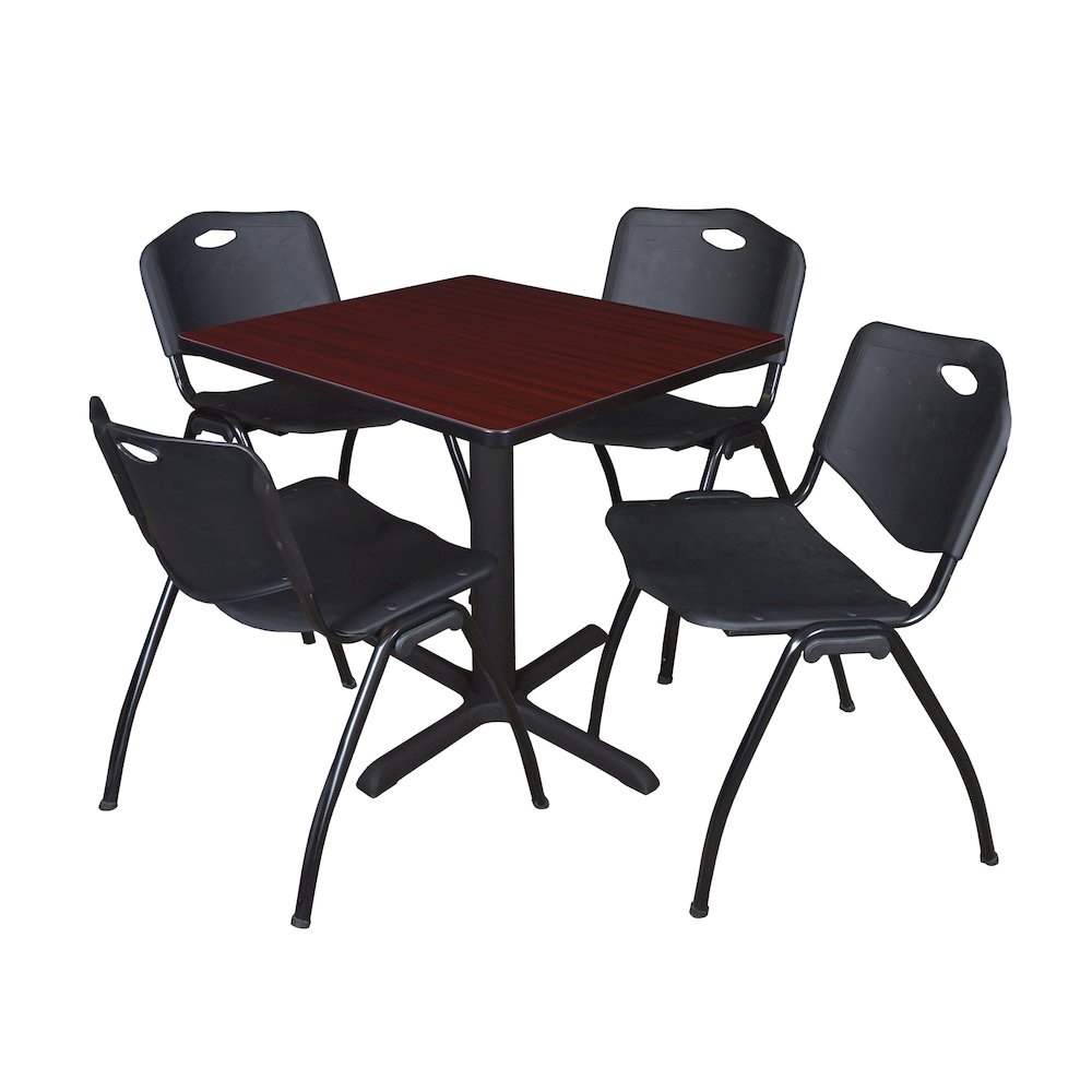 Small 30 in. Square X-Base Breakroom Table- Mahogany & 4 M Stack Chairs- Black