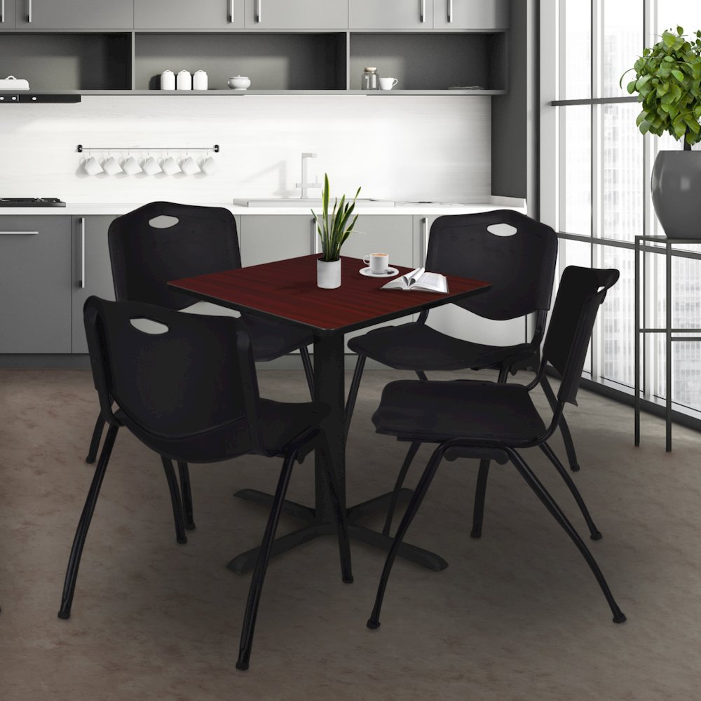 Small 30 in. Square X-Base Breakroom Table- Mahogany & 4 M Stack Chairs- Black