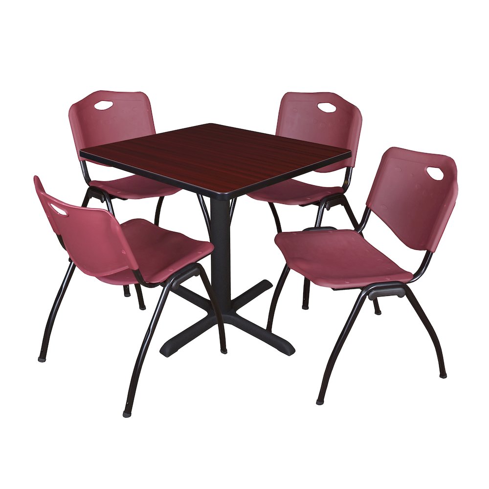 Small 30 Square X-Base Breakroom Table- Mahogany & 4 M Stack Chairs- Burgundy
