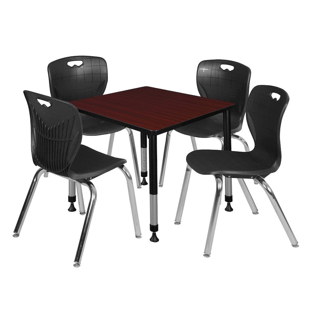 30 Square Adjustable Classroom Table- Mahogany & 4 Andy 18 Stack Chairs- Black