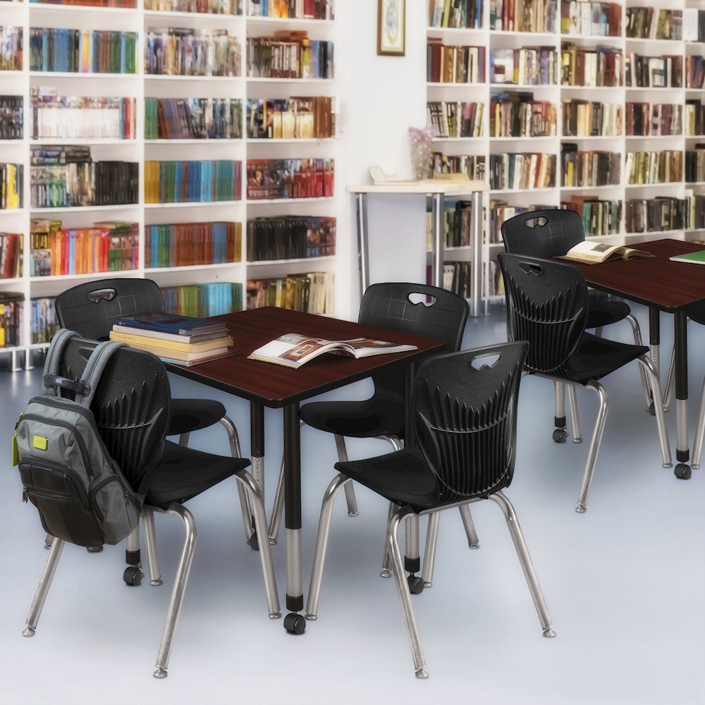 30 Square Mobile Classroom Table- Mahogany & 4 Andy 18 Stack Chairs- Black