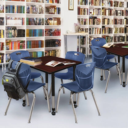 30 Square Mobile Classroom Table- Mahogany & 4 Andy 18 Stack Chairs- Blue