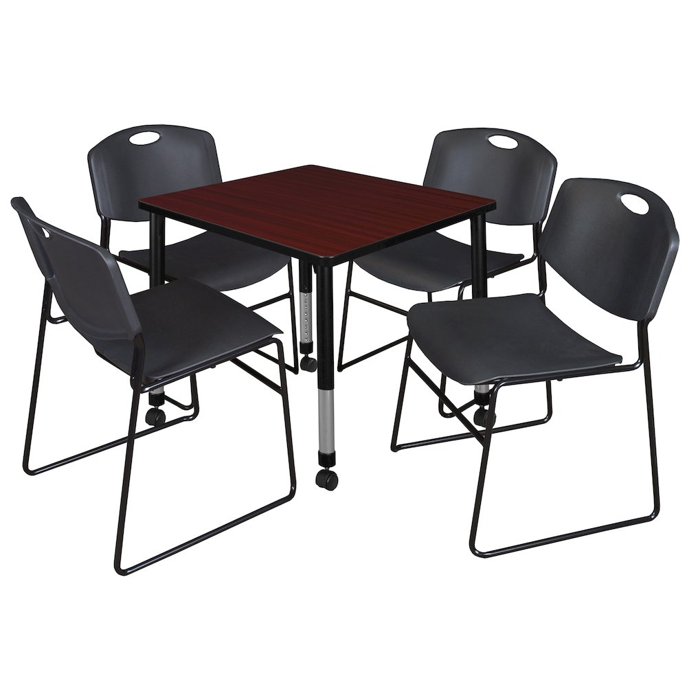 30 Square Mobile Classroom Table- Mahogany & 4 Zeng Stack Chairs- Black