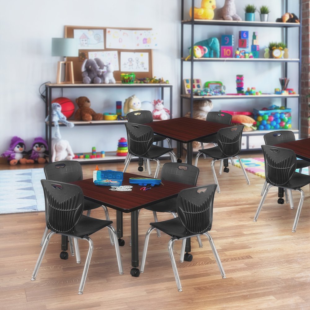 30 Square Mobile Classroom Table- Mahogany & 4 Andy 12 Stack Chairs- Black
