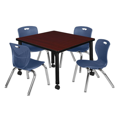 30 Square Mobile Classroom Table- Mahogany & 4 Andy 12 Stack Chairs- Blue