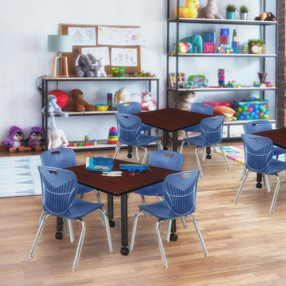 30 Square Mobile Classroom Table- Mahogany & 4 Andy 12 Stack Chairs- Blue