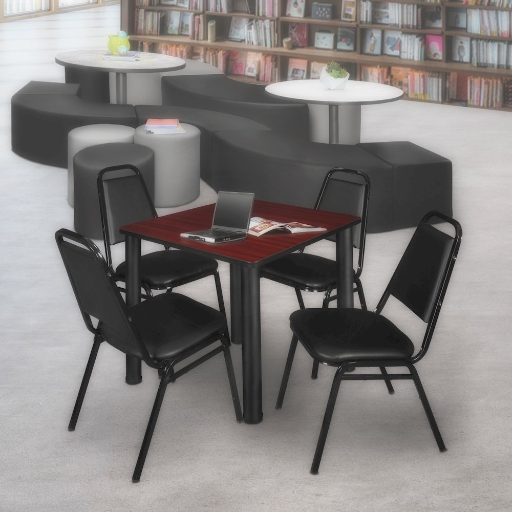 30 Square Breakroom Table- Mahogany Top, Black Legs, 4 Restaurant Stack Chairs