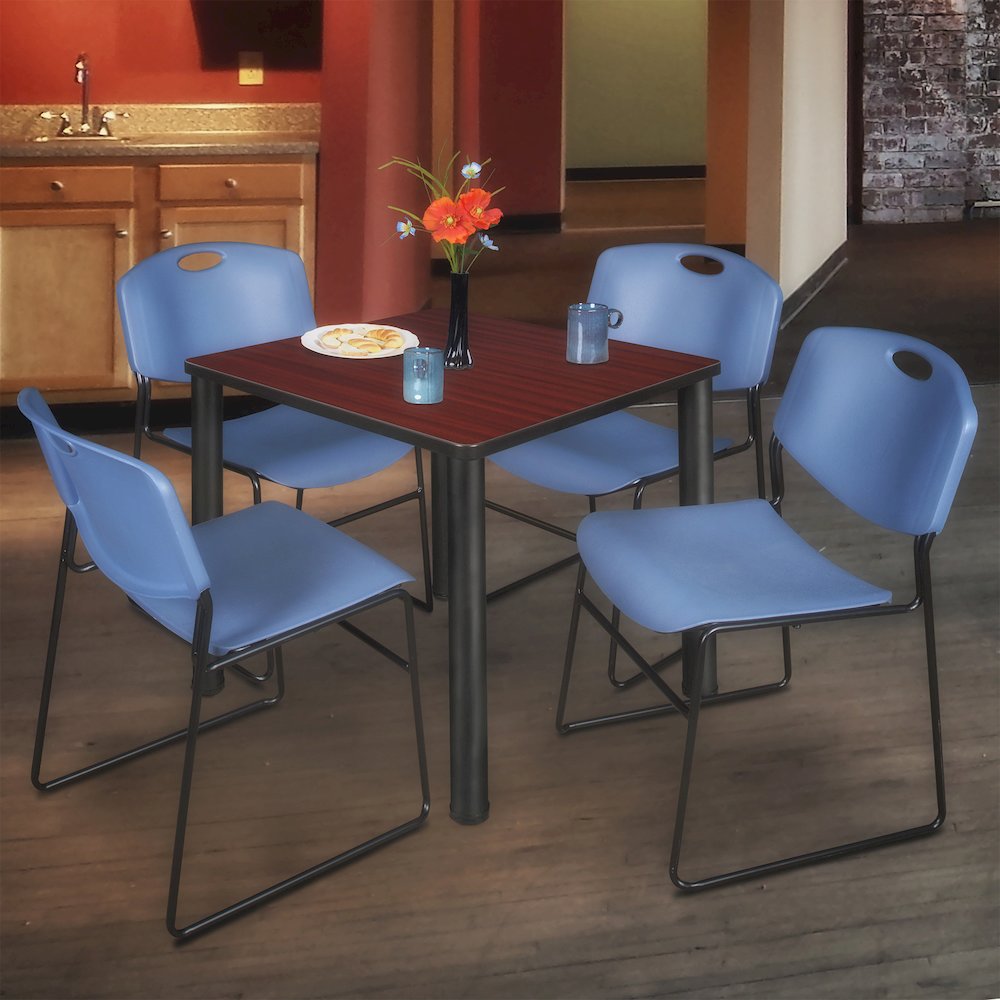 30 Square Breakroom Table- Mahogany Top, Black Legs, 4 Zeng Stack Chairs- Blue