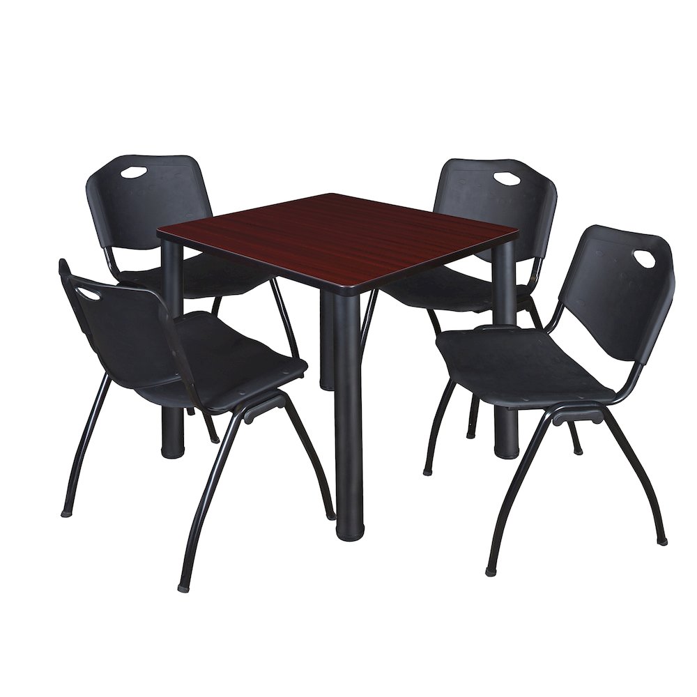 30 in Square Breakroom Table- Mahogany Top, Black Legs, 4 M Stack Chairs- Black