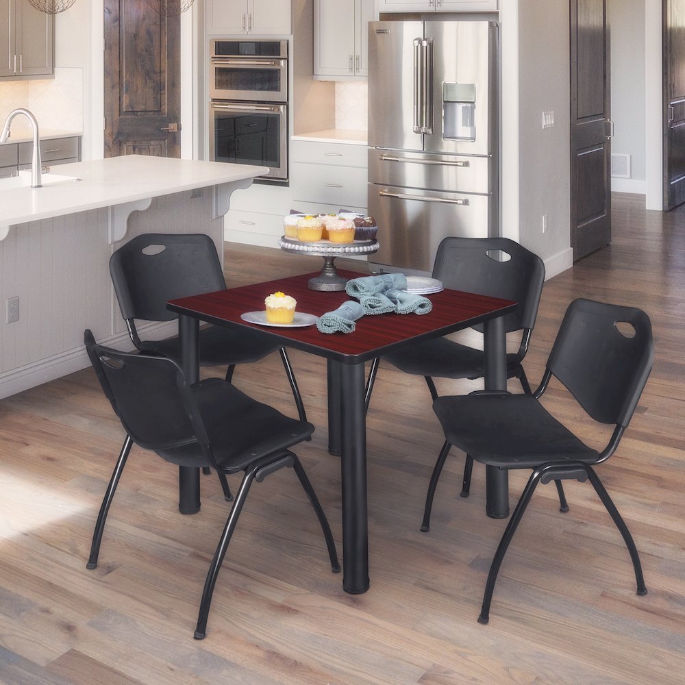 30 in Square Breakroom Table- Mahogany Top, Black Legs, 4 M Stack Chairs- Black