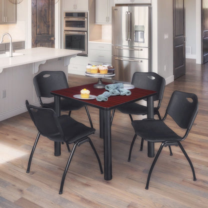 30 in Square Breakroom Table- Mahogany Top, Black Legs, 4 M Stack Chairs- Black