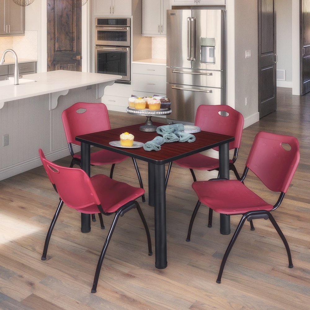 30 Square Breakroom Table- Mahogany Top, Black Legs, 4 M Stack Chairs- Burgundy