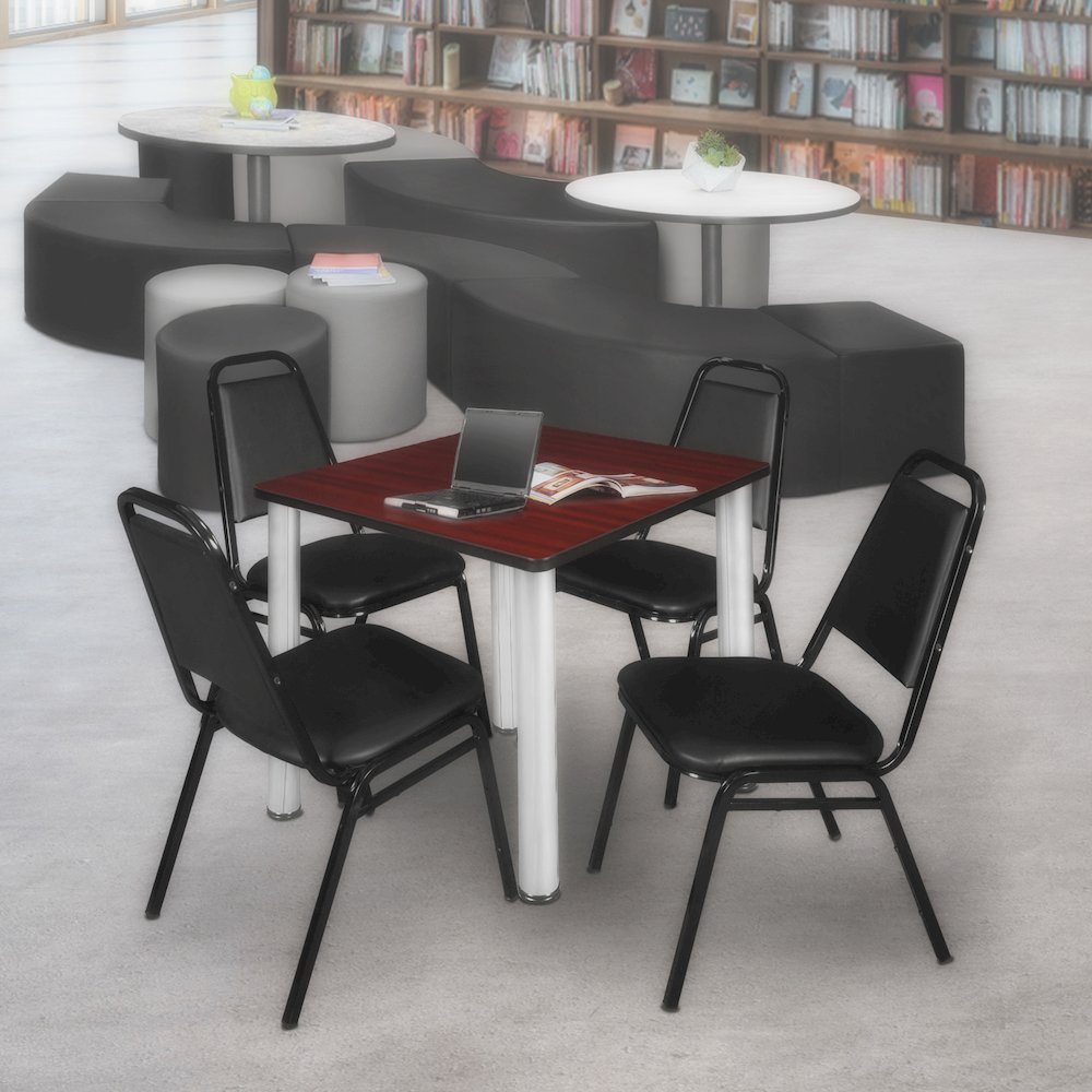30 Square Breakroom Table- Mahogany Top, Chrome Legs, 4 Restaurant Stack Chairs