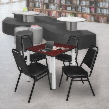 30 Square Breakroom Table- Mahogany Top, Chrome Legs, 4 Restaurant Stack Chairs
