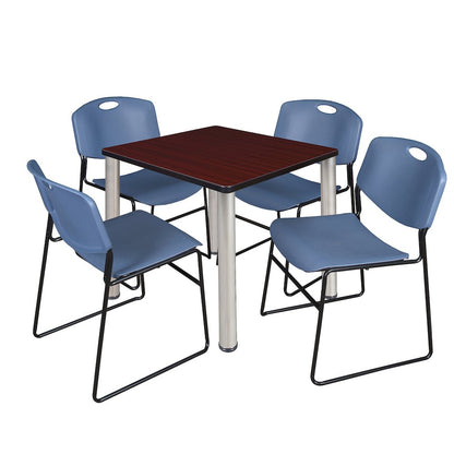 30 Square Breakroom Table- Mahogany Top, Chrome Legs, 4 Zeng Stack Chairs- Blue