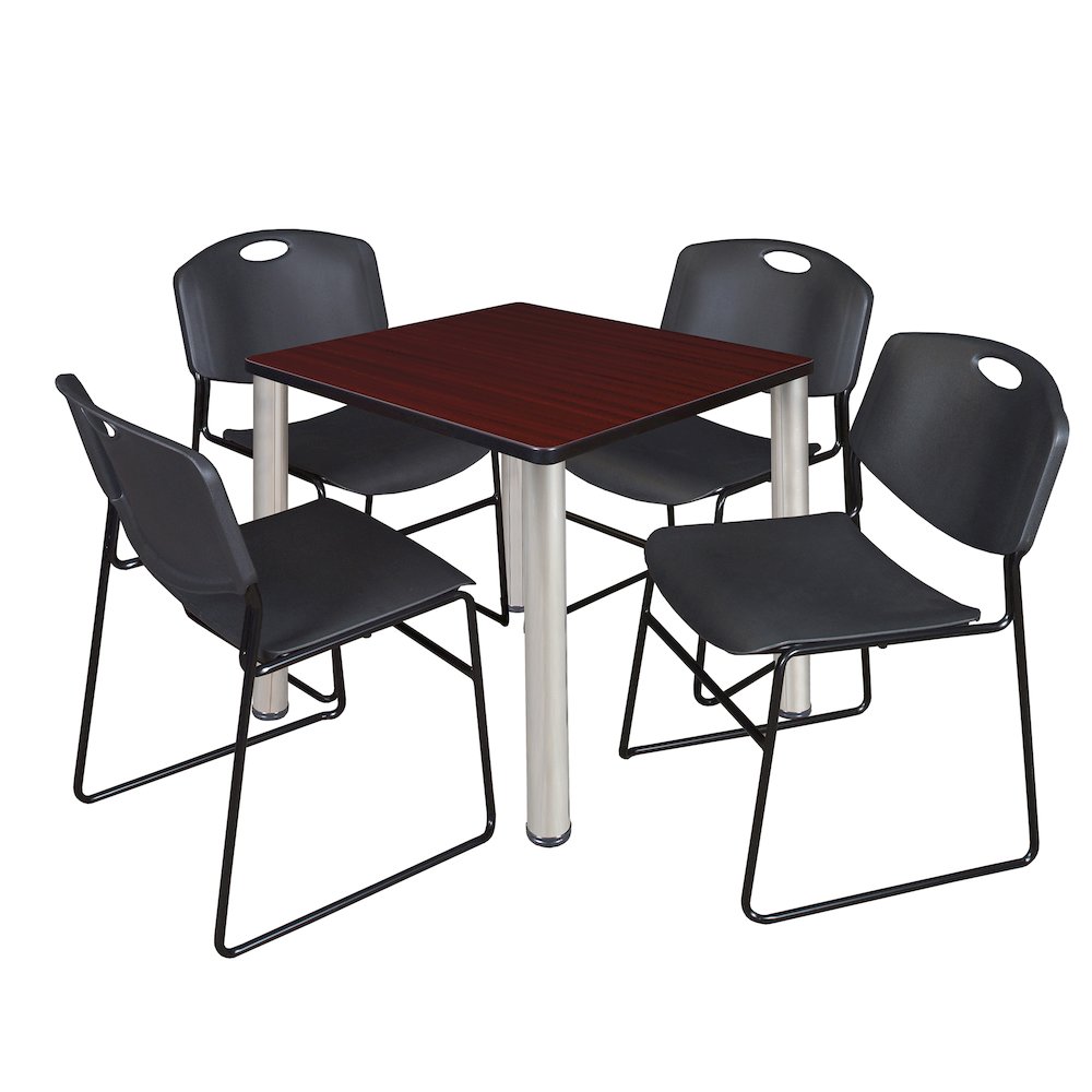 30 Square Breakroom Table- Mahogany Top, Chrome Legs, 4 Zeng Stack Chairs- Black