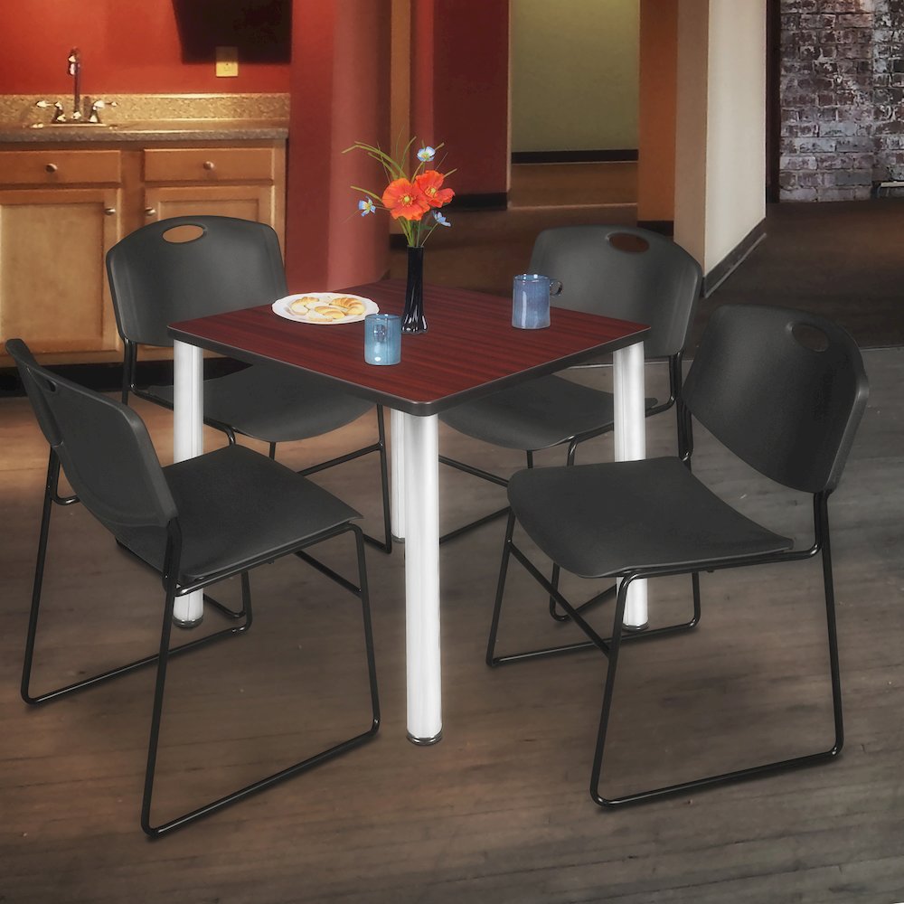 30 Square Breakroom Table- Mahogany Top, Chrome Legs, 4 Zeng Stack Chairs- Black