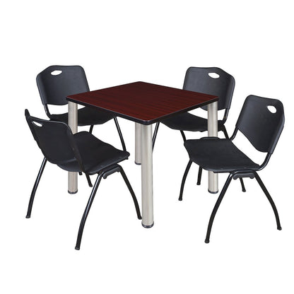 30 in Square Breakroom Table- Mahogany Top, Chrome Legs, 4 M Stack Chairs- Black