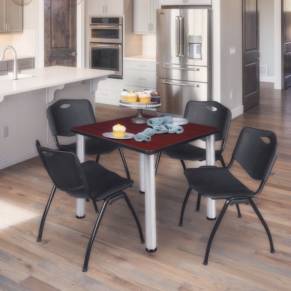 30 in Square Breakroom Table- Mahogany Top, Chrome Legs, 4 M Stack Chairs- Black