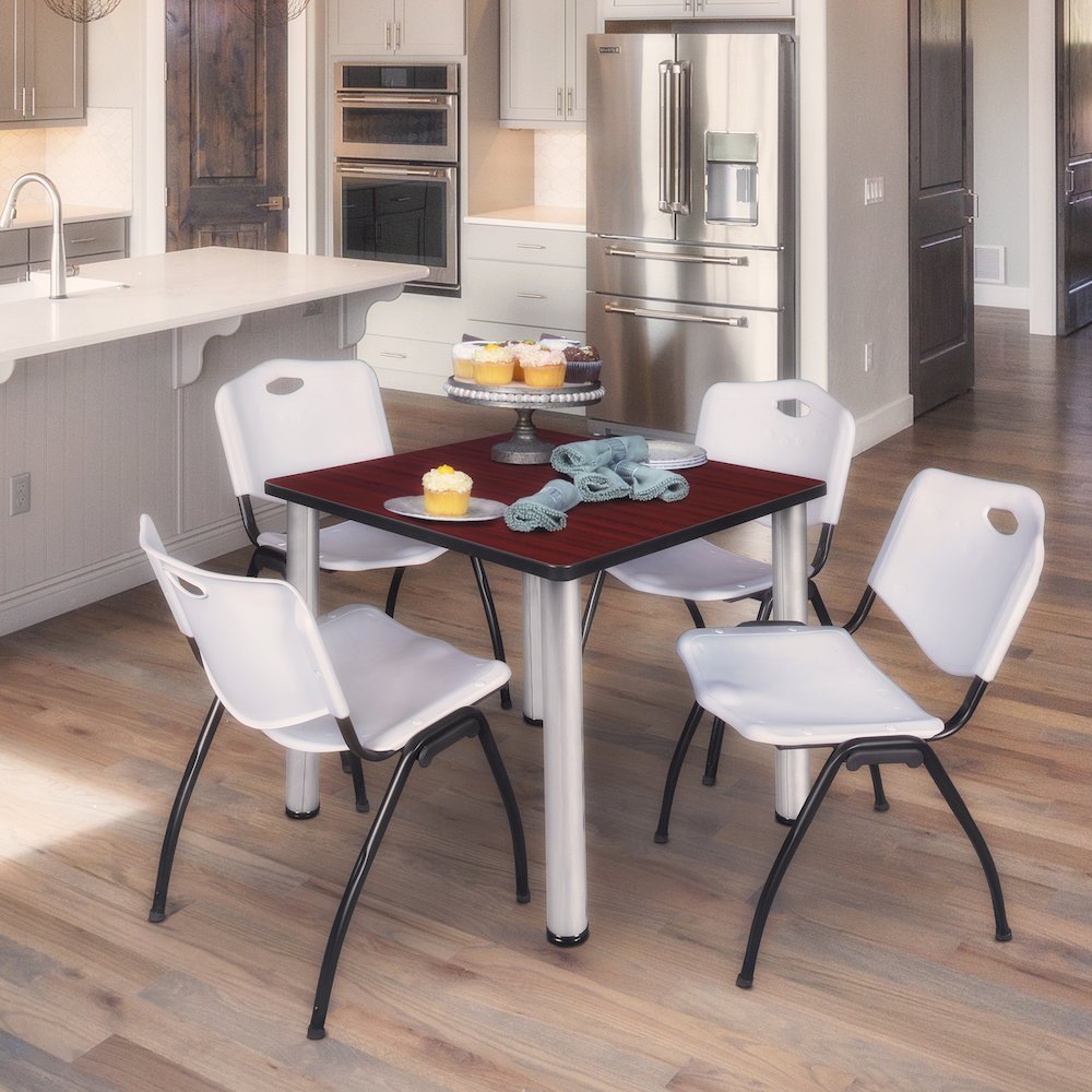 30 in Square Breakroom Table- Mahogany Top, Chrome Legs, 4 M Stack Chairs- Grey