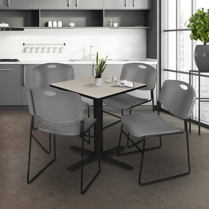 Small 30 in. Square X-Base Breakroom Table- Maple & 4 Zeng Stack Chairs- Grey