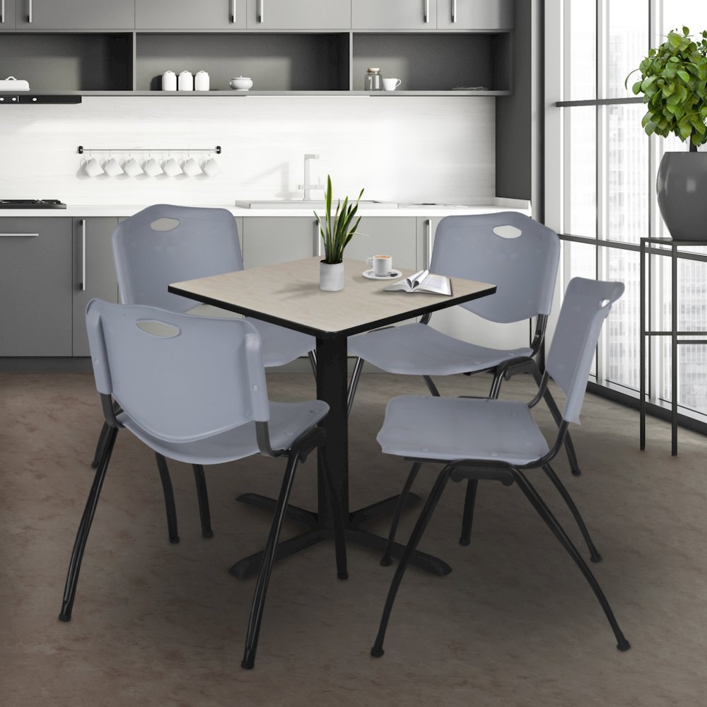 Small 30 in. Square X-Base Breakroom Table- Maple & 4 M Stack Chairs- Grey