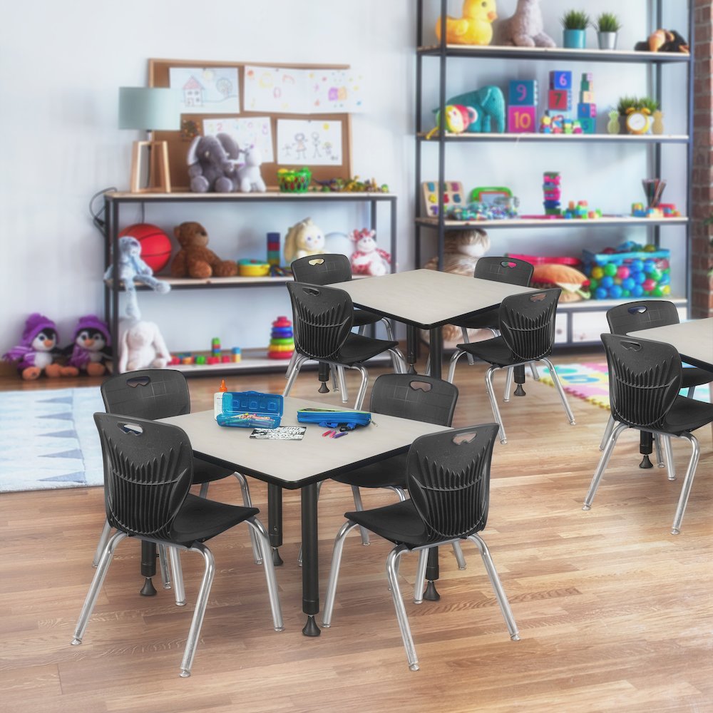 30 Square Adjustable Classroom Table- Maple & 4 Andy 12 Stack Chairs- Black