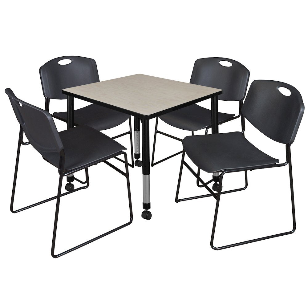30 Square Mobile Adjustable Classroom Table- Maple & 4 Zeng Stack Chairs- Black