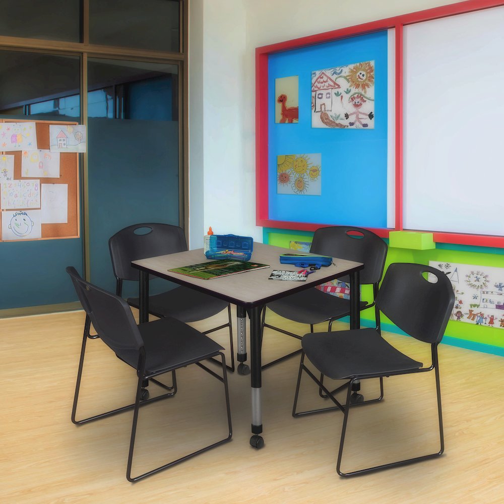 30 Square Mobile Adjustable Classroom Table- Maple & 4 Zeng Stack Chairs- Black