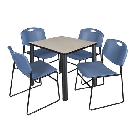 30 in Square Breakroom Table- Maple Top, Black Legs, 4 Zeng Stack Chairs- Blue