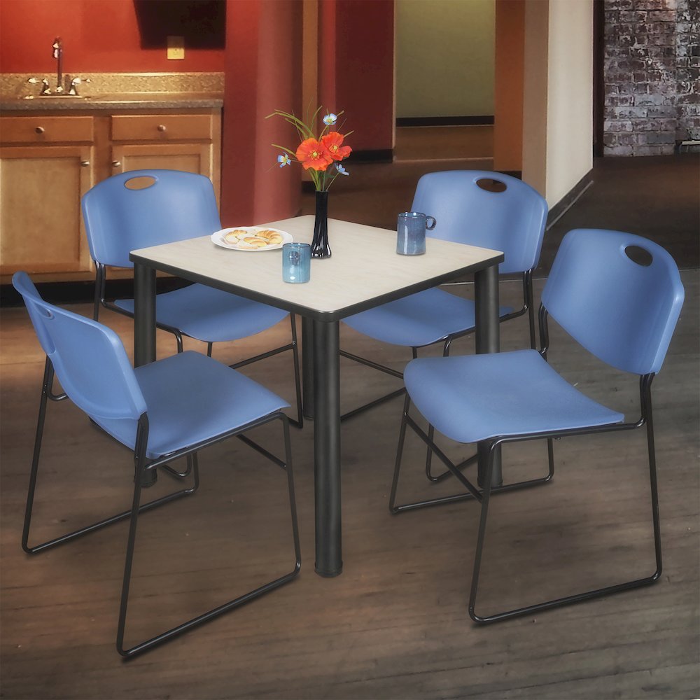 30 in Square Breakroom Table- Maple Top, Black Legs, 4 Zeng Stack Chairs- Blue