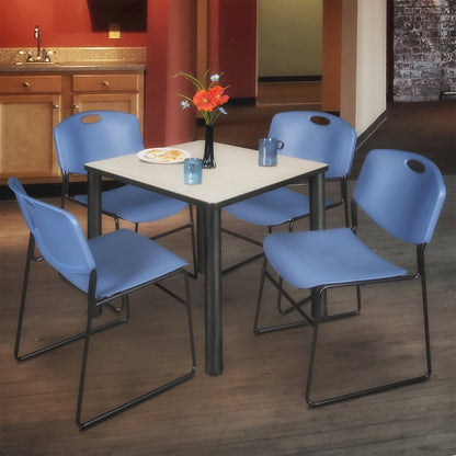 30 in Square Breakroom Table- Maple Top, Black Legs, 4 Zeng Stack Chairs- Blue