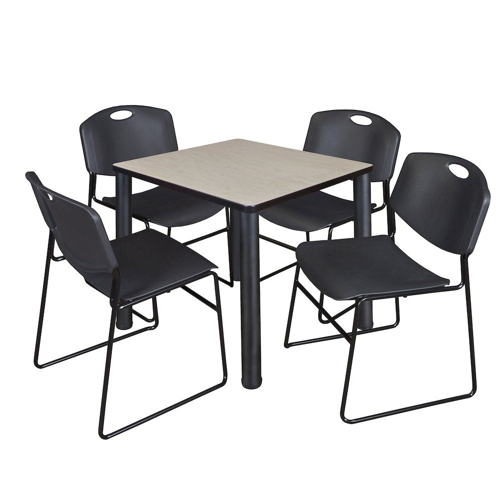 30 in Square Breakroom Table- Maple Top, Black Legs, 4 Zeng Stack Chairs- Black
