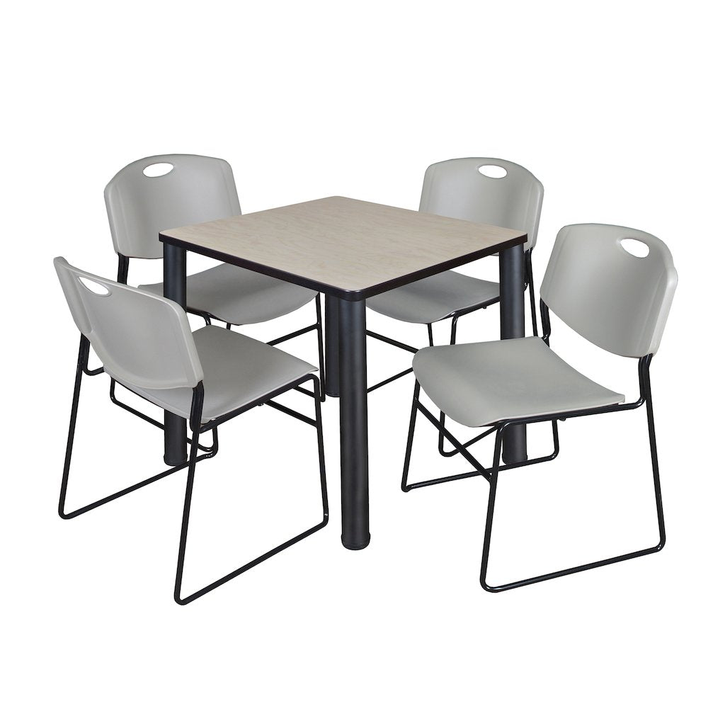 30 in Square Breakroom Table- Maple Top, Black Legs, 4 Zeng Stack Chairs- Grey