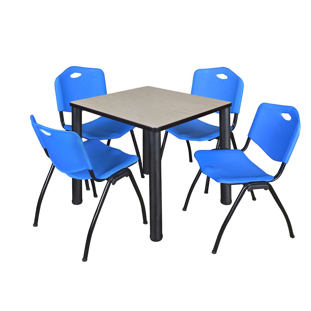 30 in Square Breakroom Table- Maple Top, Black Legs, 4 M Stack Chairs- Blue
