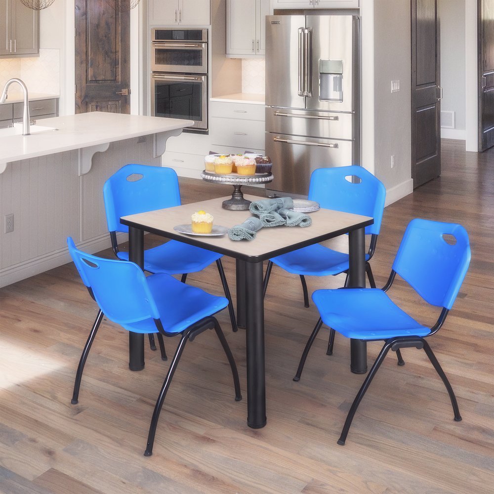 30 in Square Breakroom Table- Maple Top, Black Legs, 4 M Stack Chairs- Blue