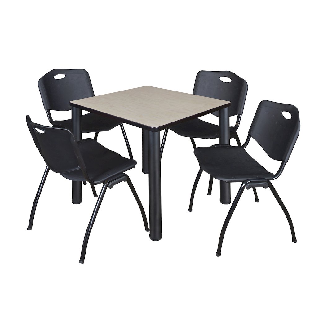 30 in Square Breakroom Table- Maple Top, Black Legs, 4 M Stack Chairs- Black