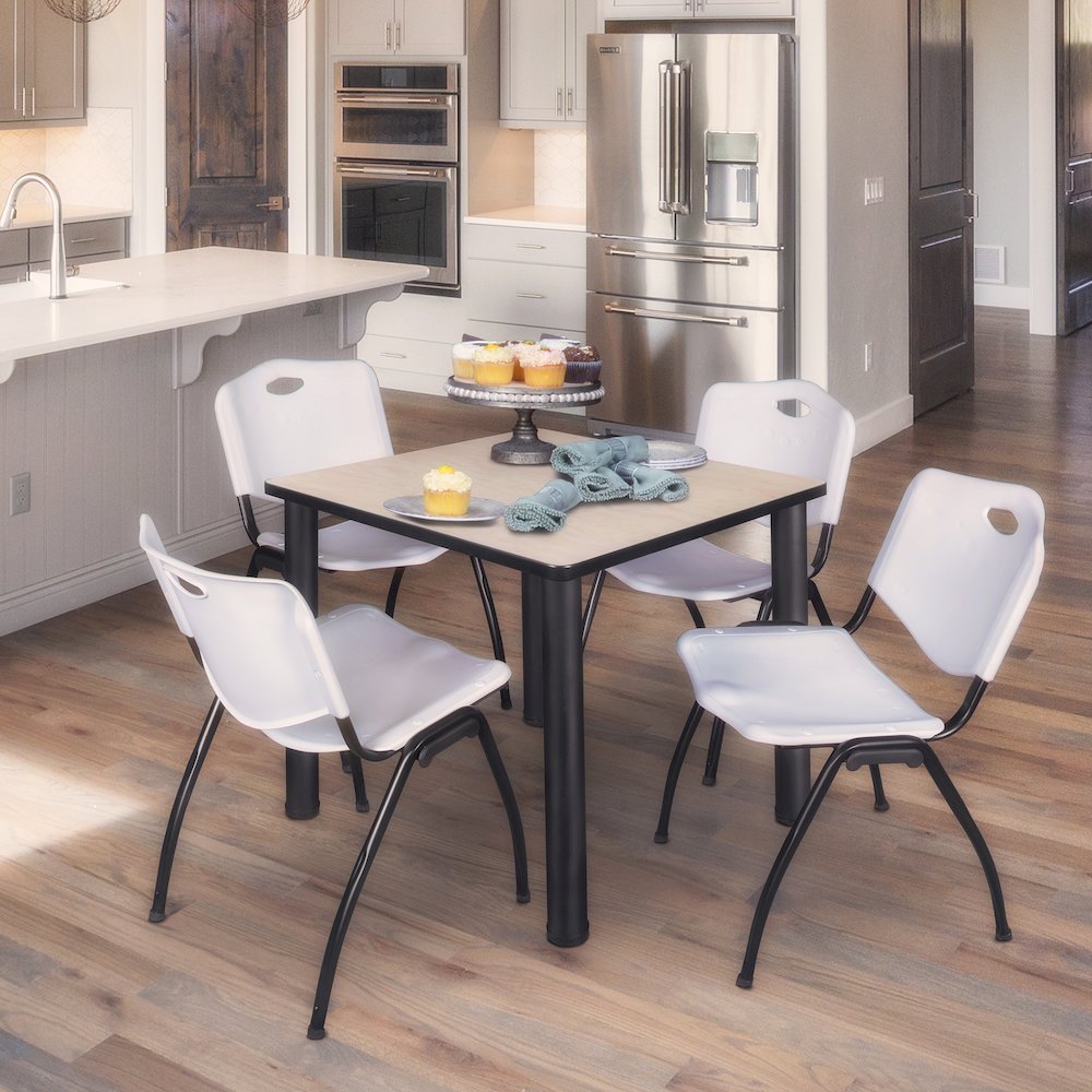 30 in Square Breakroom Table- Maple Top, Black Legs, 4 M Stack Chairs- Grey