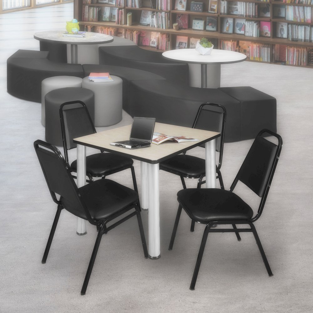 30 in Square Breakroom Table- Maple Top, Chrome Legs, 4 Restaurant Stack Chairs